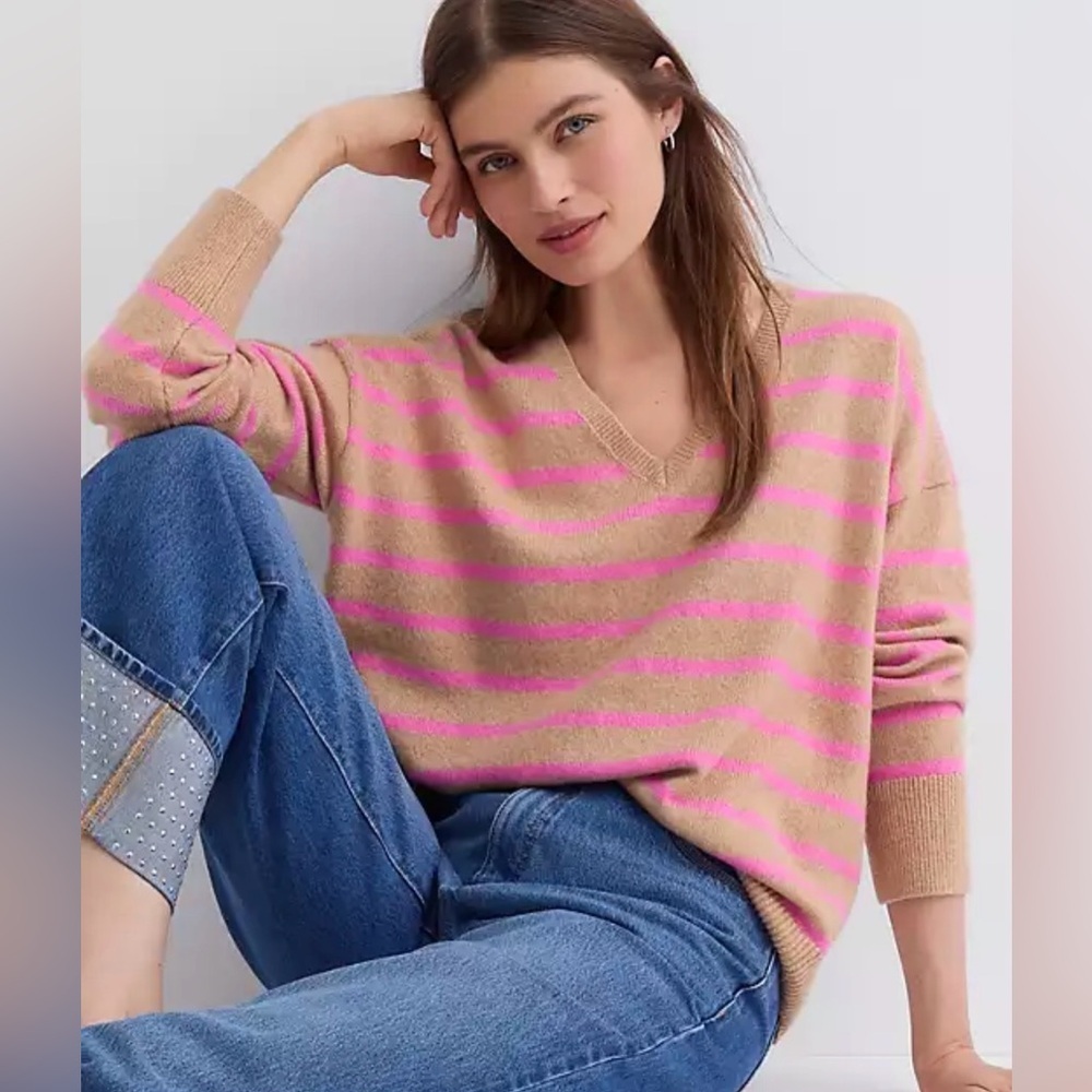 LOFT 100% Cashmere Striped V-Neck Sweater Tan Pink Relaxed Fit Small